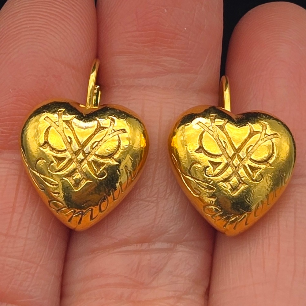 Vintage Carolee Earrings Puffy Heart Leverback Drop Gold Tone L'Amour 1980s
